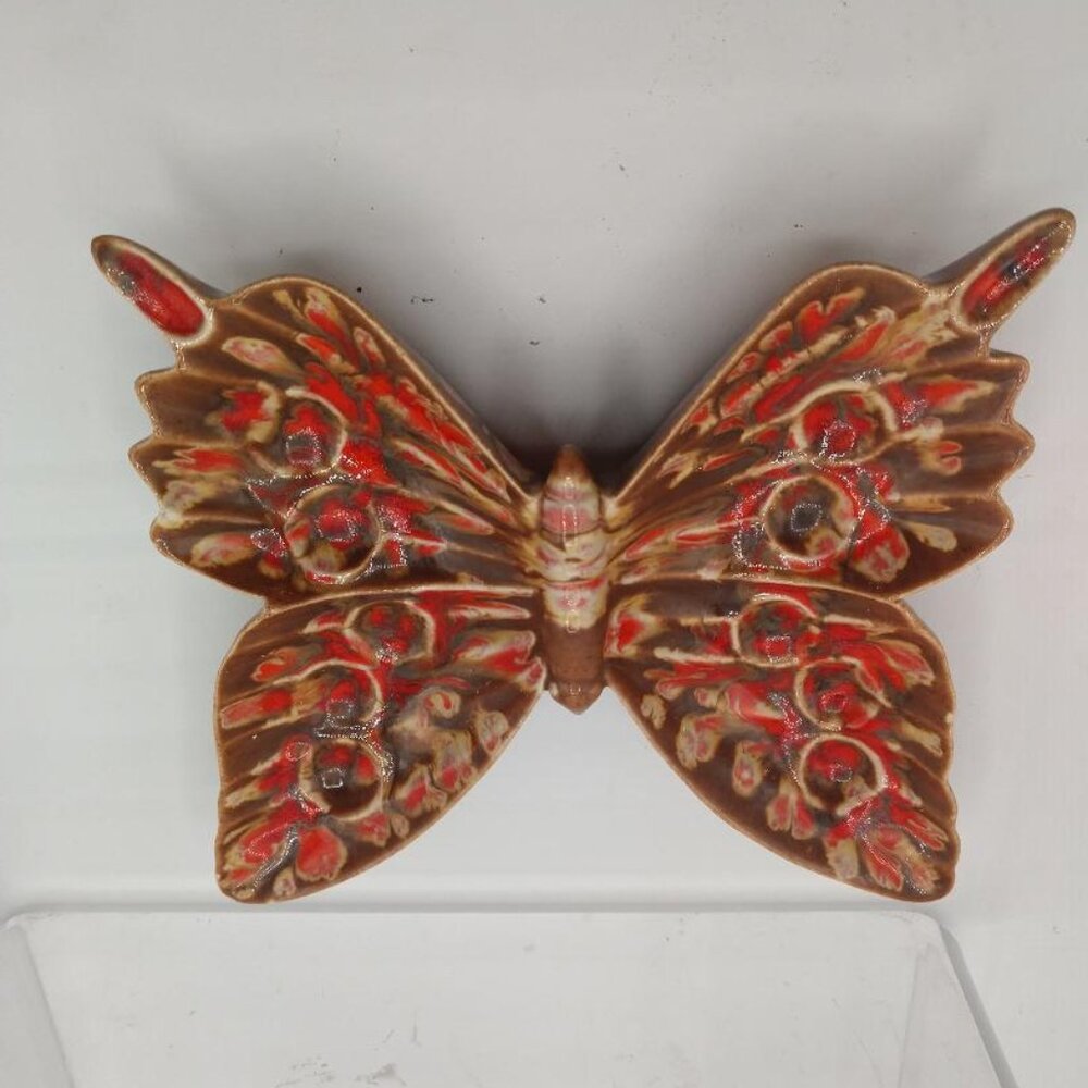 Vintage Pottery Butterfly Dish or Wall Hanging Art - Orange-Brown-Cream-MCM